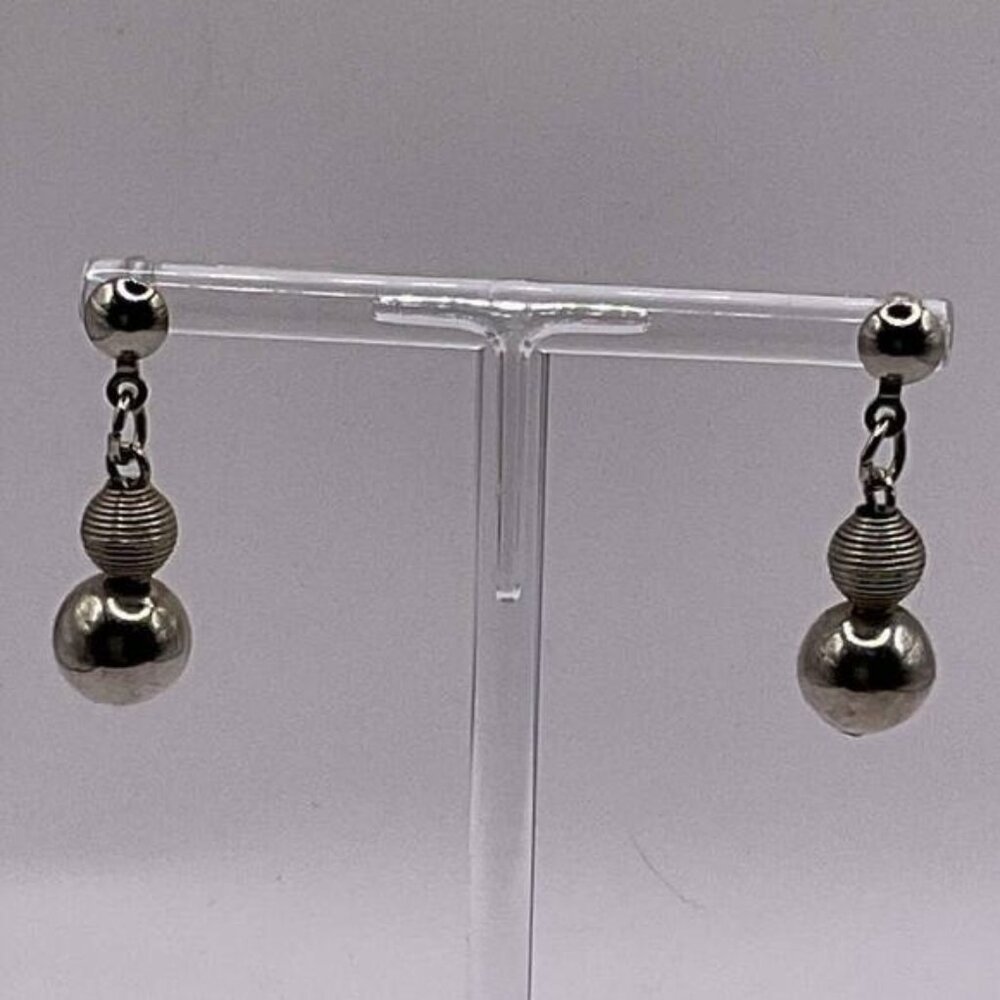 Vintage Silver-Tone Beaded Dangle Earrings With Ball & Coil Design For Women